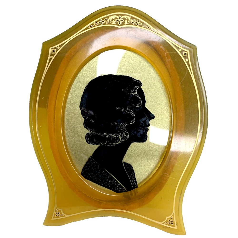 Pyralin Frame Amber Celluloid  5" x 3 5/8" Oval Felt Easel HandPaint Lady Marked